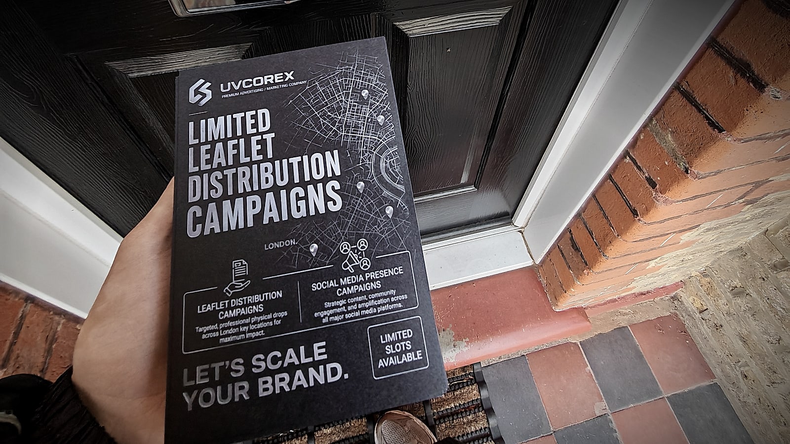 A UVCOREX leaflet held at a London front door, ready to post through the letterbox